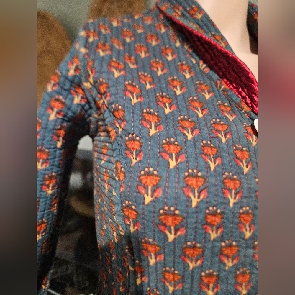 Vintage Reversible Quilted Folk Print Longline Jacket. Red/Teal Floral. XS/S - Picture 14 of 16